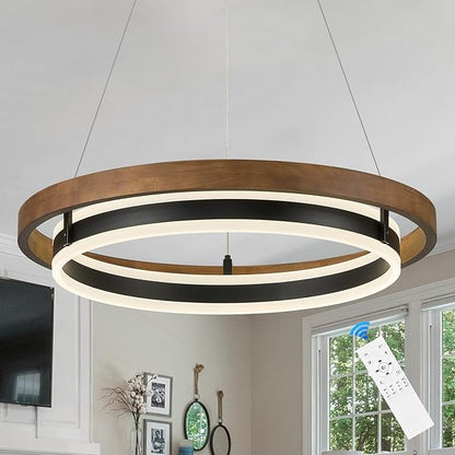 LED Ring Chandelier 24in Solid Gold Oak Wood Chandeliers Dimmable Black Chandeliers Modern Round Chandelier Light for Living Room Dining Room Kitchen Island Bedroom Entry
