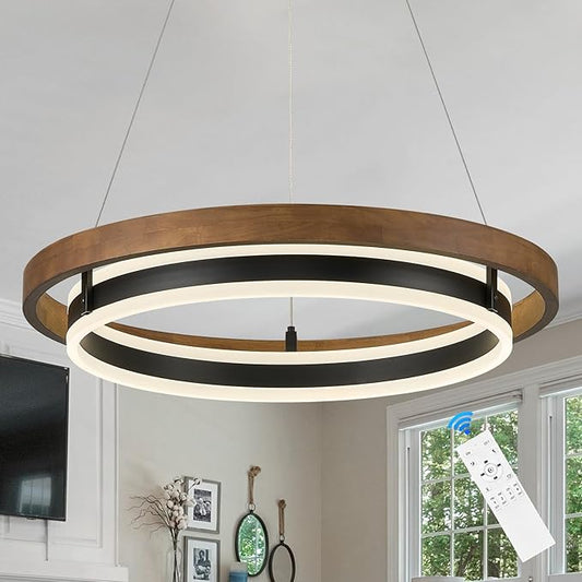 LED Ring Chandelier 24in Solid Gold Oak Wood Chandeliers Dimmable Black Chandeliers Modern Round Chandelier Light for Living Room Dining Room Kitchen Island Bedroom Entry