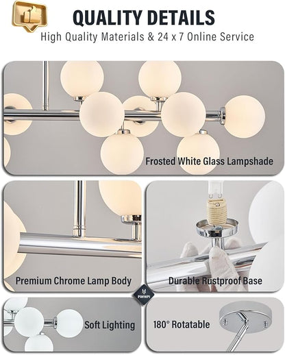 Glass Globe Sputnik Chandelier, 16-Light Mid Century Modern Light Fixture Over Table, Linear Chandeliers for Dining Room, Kitchen Island, Chrome and Milk White Bubble, 40 Inch, GC-02
