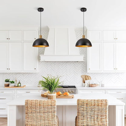 12 Inch Black Dome Pendant Lights 3 Pack for Kitchen Island, Height Adjustable Farmhouse Industrial Hanging Light Fixtures Over Table for Dining Room, Entryway