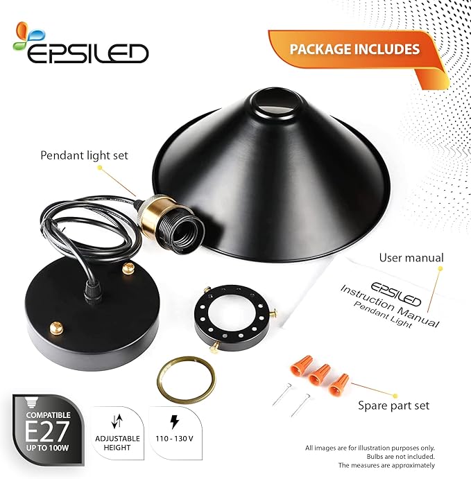 Black Industrial Pendant Light, 9.84" Vintage Hanging Light Fixture, E27 Ceiling Lamp for Kitchen Island, Dining Room, Farmhouse, Rustic Loft, Bar, Café