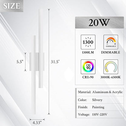 LED Wall Sconce Silver Modern Remote Wall Light Fixtures for Living Room, Dimmable LED Vanity Light Indoor Remote Wall Sconce for Bedside Bedroom Bathroom Dining Room, 31.5inch 1 Pack