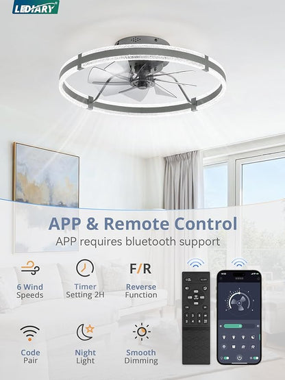 LEDIARY Ceiling Fans with Lights and Remote, 24'' Low Profile Ceiling Fan with Light, 3000-6000K Dimmable Fandelier Ceiling Fans, Modern Flush Mount Fan for Bedroom with 6 Wind Speeds- Sandy Gray