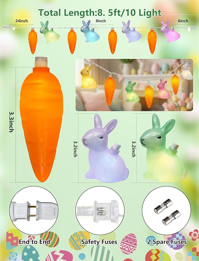 LED Easter Bunny Carrot String Lights, 8.5Ft Plug in Rabbit Lights Indoor Easter Decorations, 10 Multicolor Bunny Carrots for Outdoor Party Birthday Garden Spring Home Decor for Kids