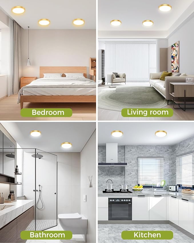 hepside 2Pack Dimmable Flush Mount Ceiling Light Fixture Golden, 3CCT Selectable 3000/4000/6500K Ceiling Lamp, 7.5INCH 15W 1500LM Low Profile Light for Bedroom, Kitchen, Bathroom, Hallway