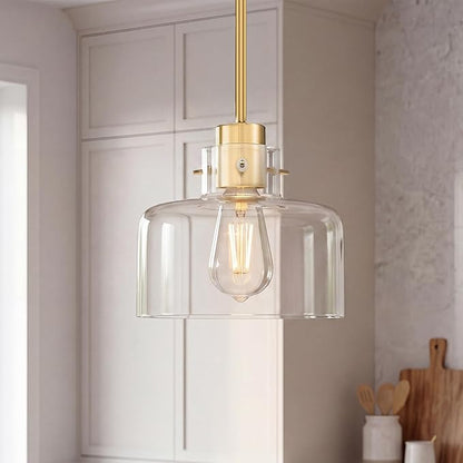 2 Pack Pendant Lights Kitchen Island, 8" Brushed Gold Pendant Light Fixtures Over Island with Clear Glass Shade, Modern Brass Kitchen Island Lighting for Dining Room Entryway, PL124-BG-G-2PL