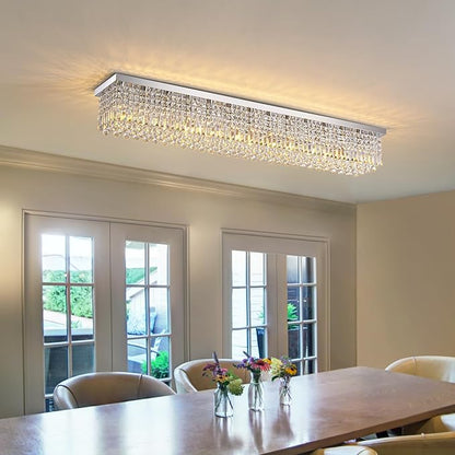 7PM Rectangular Chandelier, Modern Dining Room Light Fixture with Raindrop Chandelier Crystals, 13-Light Flush Mount Rectangle Chandelier for Dining Room Kitchen,Chrome Finish L59'' x W10'' x H9''