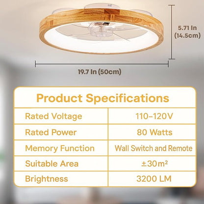 Fszdorj 20'' Ceiling Fan with Light, Upgraded Low Profile Fan, Flush Mount Ceiling Fan, 6 Speeds, Dimmable LED, App & Remote Control, Quiet DC Motor, for Bedroom, Living Room, F126 (20 INCH)