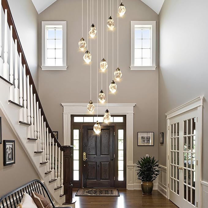Crystal LED High Ceiling Chandelier: Long Remote Dimmable 12 Pendant Light Fixtures - Spiral Drop Flush Mount Sloped Ceilings Modern Chandeliers For Entryway Living Room Foyer Staircase Entrance