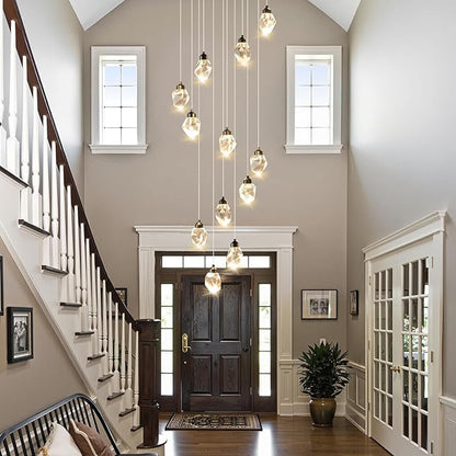 Crystal LED High Ceiling Chandelier: Long Remote Dimmable 12 Pendant Light Fixtures - Spiral Drop Flush Mount Sloped Ceilings Modern Chandeliers For Entryway Living Room Foyer Staircase Entrance