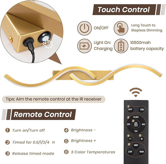 Battery Operated Wall Sconces, Rechargeable Wall Sconces, 3000K-6500K LED Wireless Wall Light, Modern Wall Lamp not Hardwired for Living Room Bedroom Hallway (Gold)