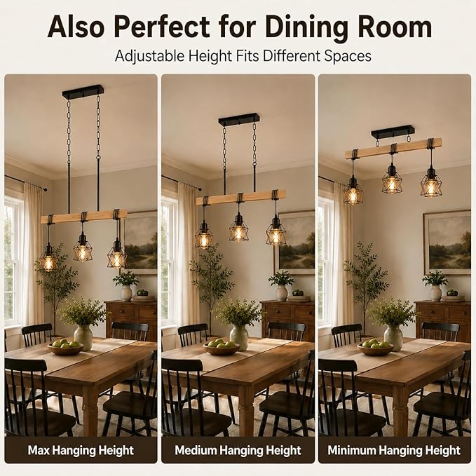 3 Light Farmhouse Kitchen Island Lighting,Dining Room Light Fixture,Adjustable Height Pendant,Real Wood and Black Metal Cage Chandelier for Kitchen,Dining Room