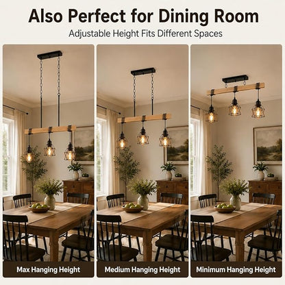 3 Light Farmhouse Kitchen Island Lighting,Dining Room Light Fixture,Adjustable Height Pendant,Real Wood and Black Metal Cage Chandelier for Kitchen,Dining Room