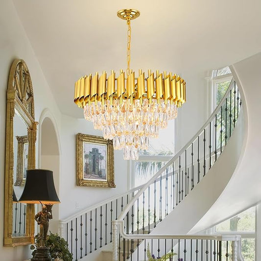 Modern Gold Crystal Chandelier Round Hanging 12-Light E12 Base Elegant Pendant Lighting for Foyer Bedroom Dining Room Kitchen Island 60CM