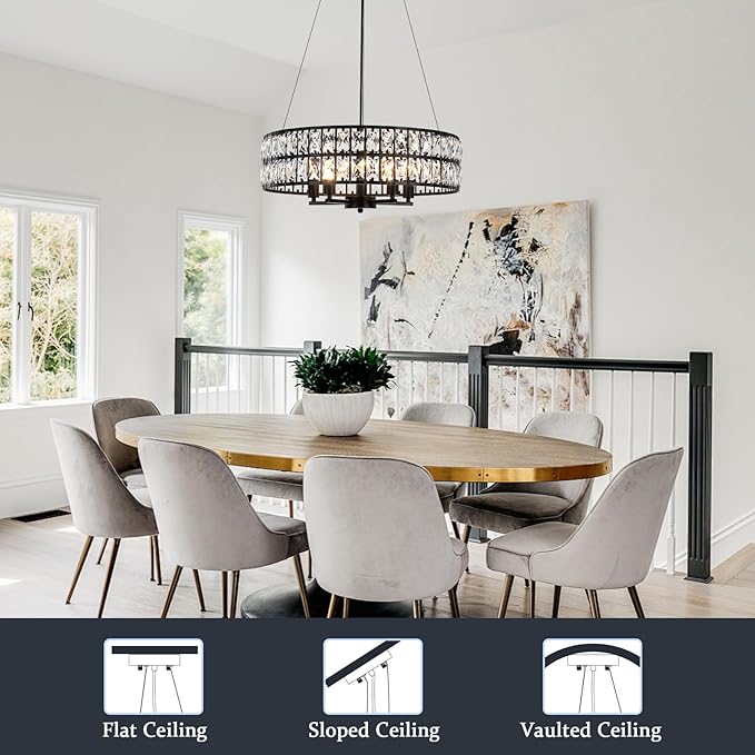Modern Black Crystal Chandelier, 5-Light Round Crystal Chandeliers for Dining Room, 20" Contemporary Chandelier for Entryway, Living Room, Bedroom, Kitchen, Foyer Hanging Ceiling Lighting Fixtures