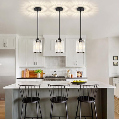 2 Pack Black Pendant Lights Kitchen Island, Modern Crystal Kitchen Pendant Lighting Over Island Dining Room Light Fixtures Adjustable Hanging Pendant Light for Bathroom Hallway Entryway Foyer Bedroom
