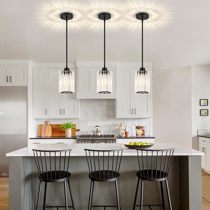 Black Pendant Light, Modern Crystal Pendant Lights Kitchen Island Lighting, Hanging Light Fixtures Mini Chandelier Pendant Lights for Island Dining Room Hallway Bedroom