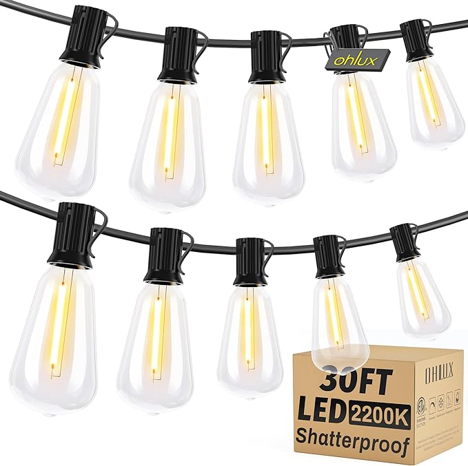 OHLUX Outdoor Light String, 30FT Dimmable Outdoor String Lights with 17 Shatterproof LED ST38 Vintage Edison Bulbs,2200K Connectable Hanging Lights for Deck Porch Bistro Gazebos Balcony Garden
