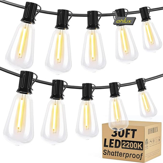 OHLUX Outdoor Light String, 30FT Dimmable Outdoor String Lights with 17 Shatterproof LED ST38 Vintage Edison Bulbs,2200K Connectable Hanging Lights for Deck Porch Bistro Gazebos Balcony Garden