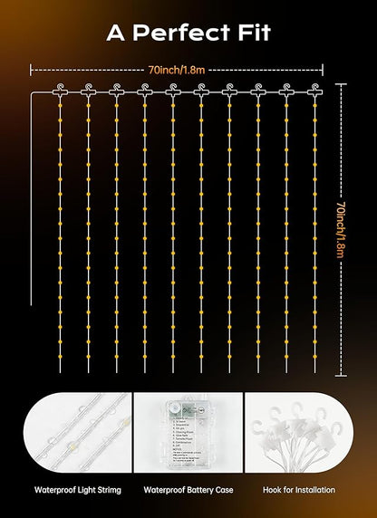Brightown 180 LED Shower Curtain Lights, 70 Inch Warm White Fairy Lights Battery Operated String Lights, 8 Modes Waterproof Christmas Lights for Indoor Outdoor Decor(No Curtain)