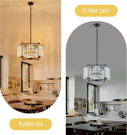 Black Crystal Chandelier Modern Drum Pendant Lighting Fixture for Dining Room, 20" Farmhouse Round 5-Light for Living Room Kitchen Island Bedroom Black