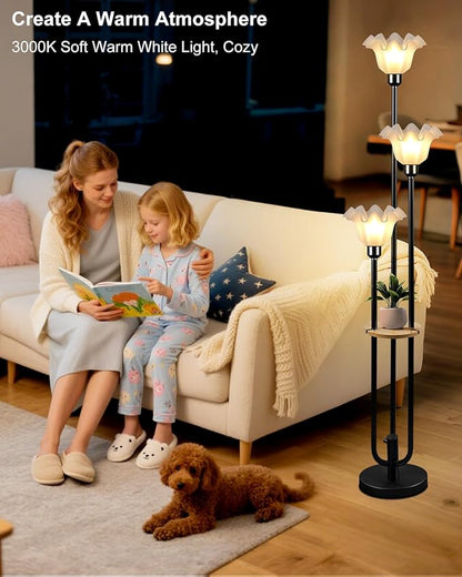 Flower Floor Lamp for Living Room, Dimmable Vintage Floor Lamp with Shelf & LED Bulbs, 3 Light 3000K Warmwhite Mid Century Black Floral Tall Standing Lamp with 5Lbs Heavy Base for Bedroom
