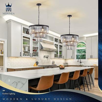 Smoke Gray Crystal Chandeliers Black Round 20" Chandelier Modern 3 Tiers 7-Light Ceiling Pendant Light Fixture Luxury K9 Crystal Lighting for Dining Room Bedroom Kitchen Foyer