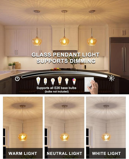2-Pack Amber Pendant Lights for Kitchen Island, 7" Modern Glass Pendant Lighting with Brushed Nickel Vintage Light Fixtures Adjustable Hanging Light for Kitchen, Dining Room, Bar, Bathroom