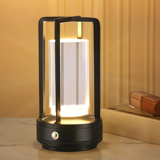 Anxingtools Portable Metal Table Lamp,Cordless Table Lamp, Rechargeable Battery Powered Portable LED Desk Lamp, 3 Color Stepless Dimming Touch, for Bedroom Restaurant Home Outdoor(Black)
