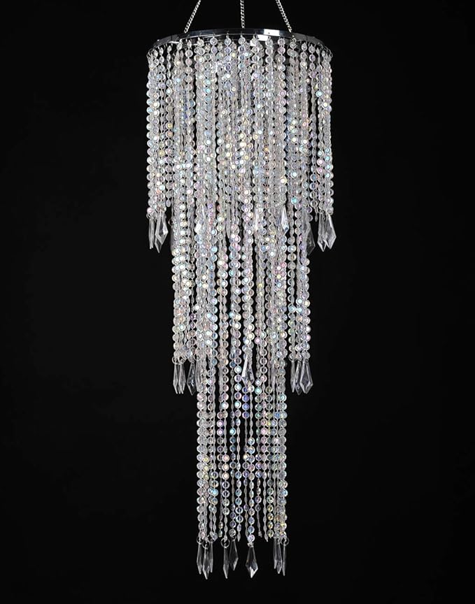 Sparkling Iridescent Acrylic Beaded Hanging Chandelier, 3 Tiers, 10.25" Diameter x 30" Tall, Indoor, Iridescent