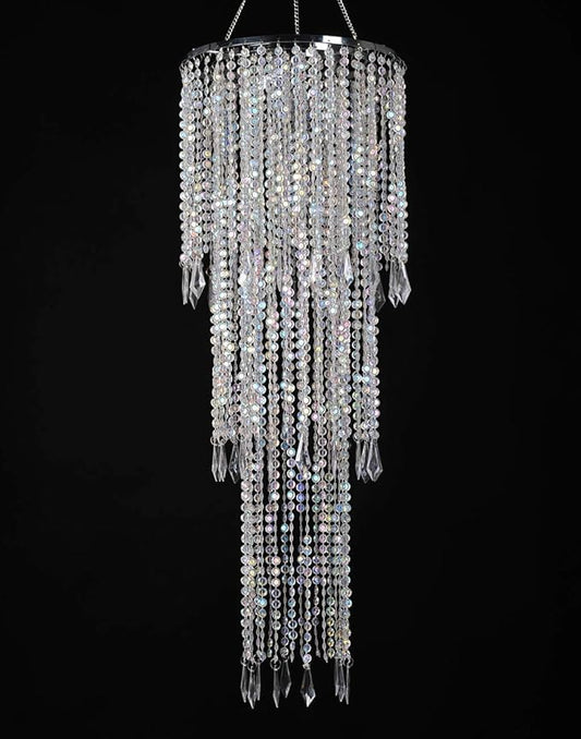 Sparkling Iridescent Acrylic Beaded Hanging Chandelier, 3 Tiers, 10.25" Diameter x 30" Tall, Indoor, Iridescent