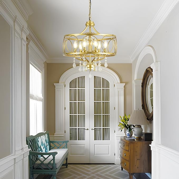 6-Light Modern Gold Crystal Chandelier Dining Room Pendant Lighting Fixture for Farmhouse Bedroom Living Room Kitchen Entryway E12 Bulbs Not Included
