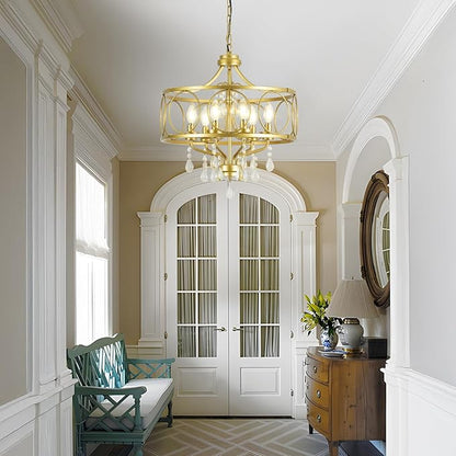 6-Light Modern Gold Crystal Chandelier Dining Room Pendant Lighting Fixture for Farmhouse Bedroom Living Room Kitchen Entryway E12 Bulbs Not Included