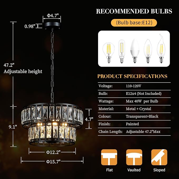 Dining Room Chandeliers K9 Crystal Black Metal Chandelier Modern 2-Tier Drum Farmhouse 16in Contemporary Round Light Fixture for Bedroom Entryway Kitchen Island Living Room