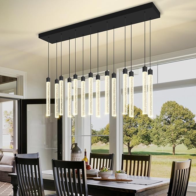 Modern Rectangular Crystal Chandelier for Dining Room LED Dimmable Pendant Light Kitchen Island Entrance Foyer Living Room Adjustable Height 14-Lights Black