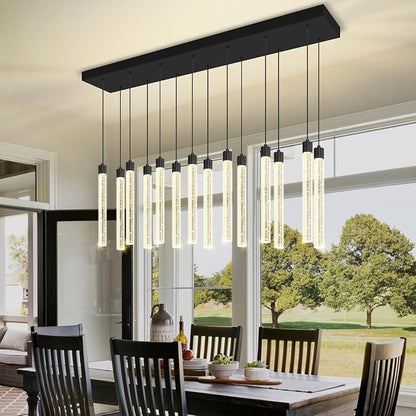 Modern Rectangular Crystal Chandelier for Dining Room LED Dimmable Pendant Light Kitchen Island Entrance Foyer Living Room Adjustable Height 14-Lights Black