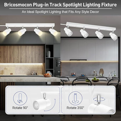 Plug in Track Lighting, 23" LED Track Light Fixtures Ceiling, White 4 Way Spotlight, Rotatable Light Head, Plug in Ceiling Light with Power Cord, Plug Wall Light for Kitchen Hallway Bar(GU10, NO Bulb)