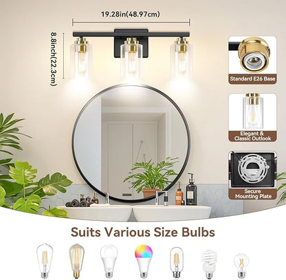 3-Light Bathroom Light Fixtures, 19" Modern Vanity Lights Over Mirror with Clear Glass Shades, Black & Gold Light Fixture, Classic Wall Light Fixture for Mirror Living Room Cabinet Bedroom Porch