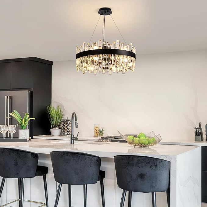 12-Light Modern Crystal Chandelier for Dining Room, Black Round Flush Mount Ceiling Light, Luxury 2-Tiers K9 Crystal Raindrop Chandelier for Living Room Entryway Foyer Bathroom D23.6''