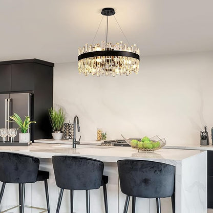 12-Light Modern Crystal Chandelier for Dining Room, Black Round Flush Mount Ceiling Light, Luxury 2-Tiers K9 Crystal Raindrop Chandelier for Living Room Entryway Foyer Bathroom D23.6''
