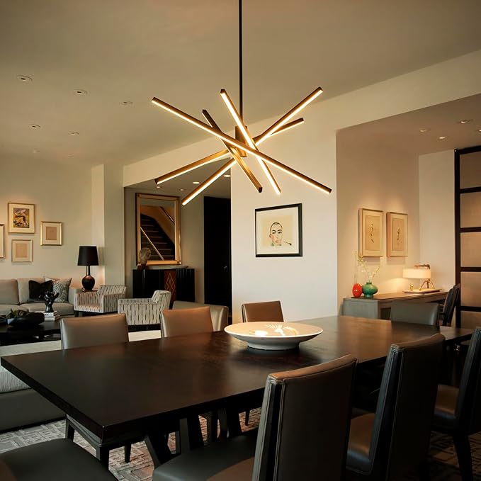 Y'INSP Black Sputnik Chandeliers Modern LED Linear Chandelier Light 5 Lights Dining Room Light Fixtures Over Table Embedded 45W Sputnik Light Fixture for Kitchen Island Bedroom Living Room