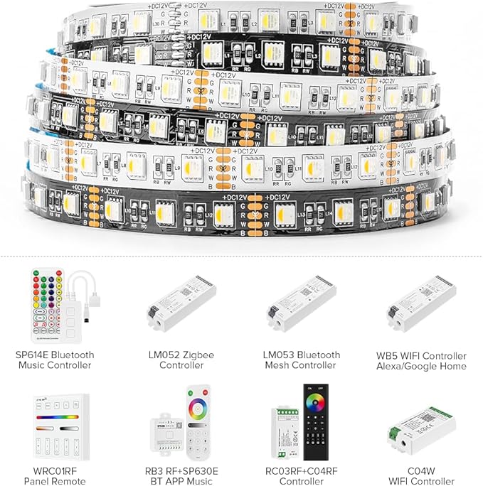 BTF-LIGHTING RGBW LED Strip Lights,UL Listed,5050 4 Colors in 1 RGB + 6000K-7000K Cool White,24V DC,16.4ft/5m 60LEDs/m 12mm Black PCB, IP65 Waterproof for Home Decoration(No Adapter or Controller)