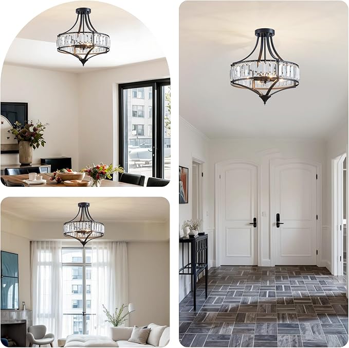Crystal Black Ceiling Light Fixture, Modern Industrial Chandelier Semi Flush Ceiling Light for Dining Room Living Room Bedroom Hallway, Round Kitchen Lighting Fixtures Ceiling, 4 Lights