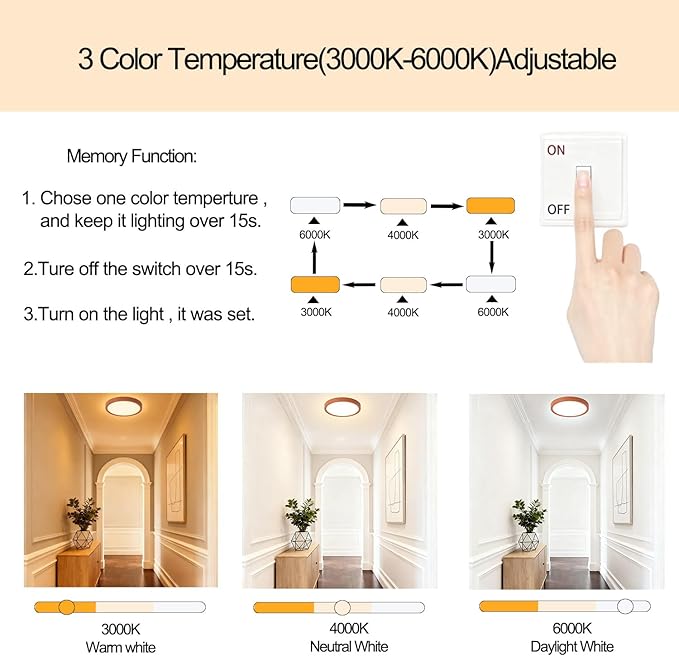 9 Inch LED Wood Grain Flush Mount Ceiling Light Fixtures Set of 2, Modern 22W Round Flat Overhead 3000K-4000K-6000K Selectable Ceiling Lamps for Bedroom, Living Room, Kitchen, Entryway