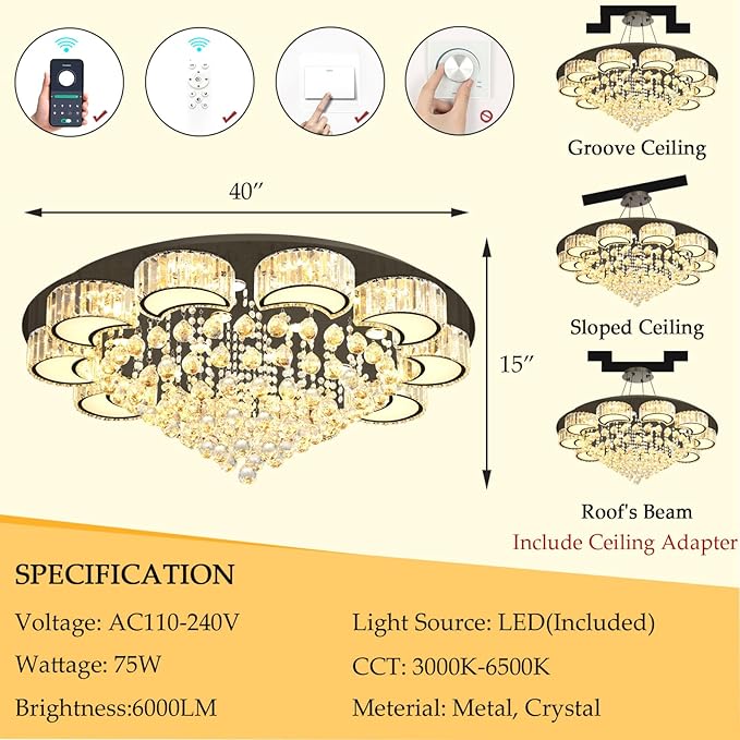 40" Black Modern Crystal Chandeliers for Dining Room LED Dimmable Light Fixtures Flush Mount Light Living Room Bedrooms