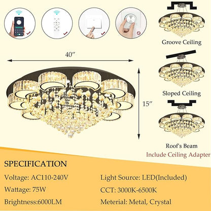 40" Black Modern Crystal Chandeliers for Dining Room LED Dimmable Light Fixtures Flush Mount Light Living Room Bedrooms