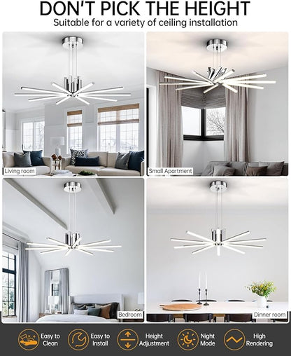 Modern Led Chandelier, Dimmable Sputnik Light Fixture with Remote Control, Modern Pendant Light for Dining Room Kitchen Living Room Entryway, 3000K-6500K (Chrome)