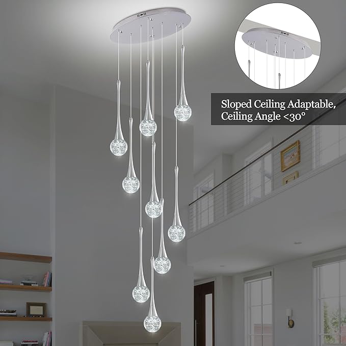 Modern Chrome Crystal Chandelier for High Ceiling 9-Lights, 99 Inches Luxury Spiral Dimmable LED Bubble Raindrop Pendant Lighting Fixture for Staircase Foyer Entryway Living Room