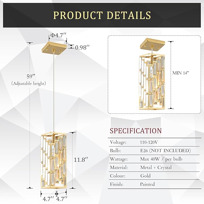 CATINER Gold Crystal Pendant Light, Mini Hanging Pendant Lighting Fixture with Adjustable Cord, Modern Luxury Pendant Light for Kitchen Island, Dining Room, Bedroom, Hallway, E26 Base (1 Pack)