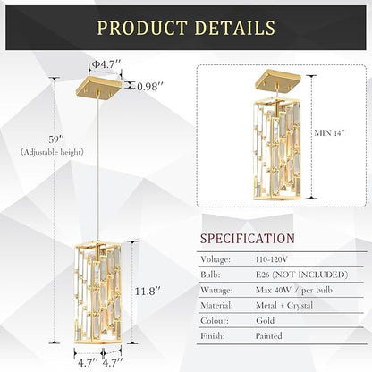 CATINER Gold Crystal Pendant Light, Mini Hanging Pendant Lighting Fixture with Adjustable Cord, Modern Luxury Pendant Light for Kitchen Island, Dining Room, Bedroom, Hallway, E26 Base (1 Pack)